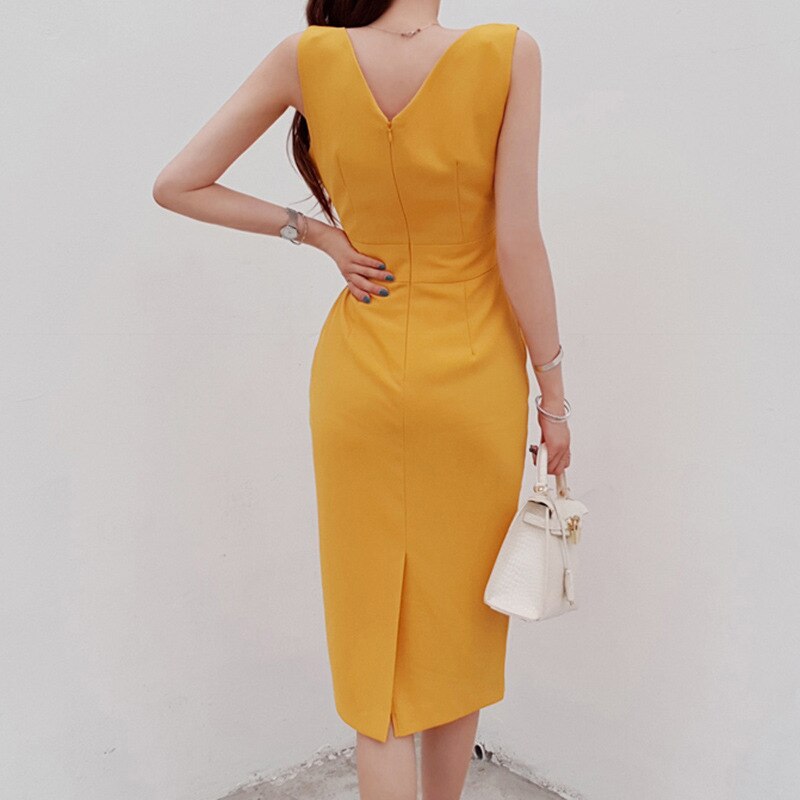 Korean Elegant Women Dress Temperament Classical Vintage Formal Bodycon Slim Midi Pencil Party Commute Lady Femme Mujer Vestidos
