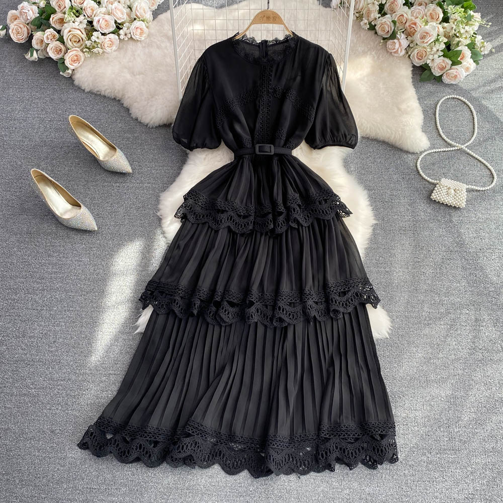 Retro ladies elegant solid color lace high waist cake dress long skirt