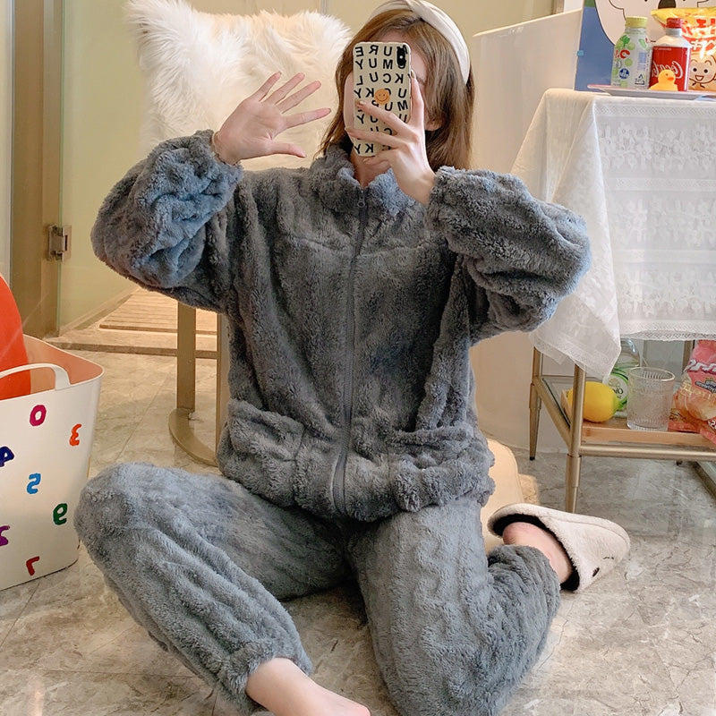 Autumn and winter women's warm solid color  cut velvet plush pajamas homewear set
