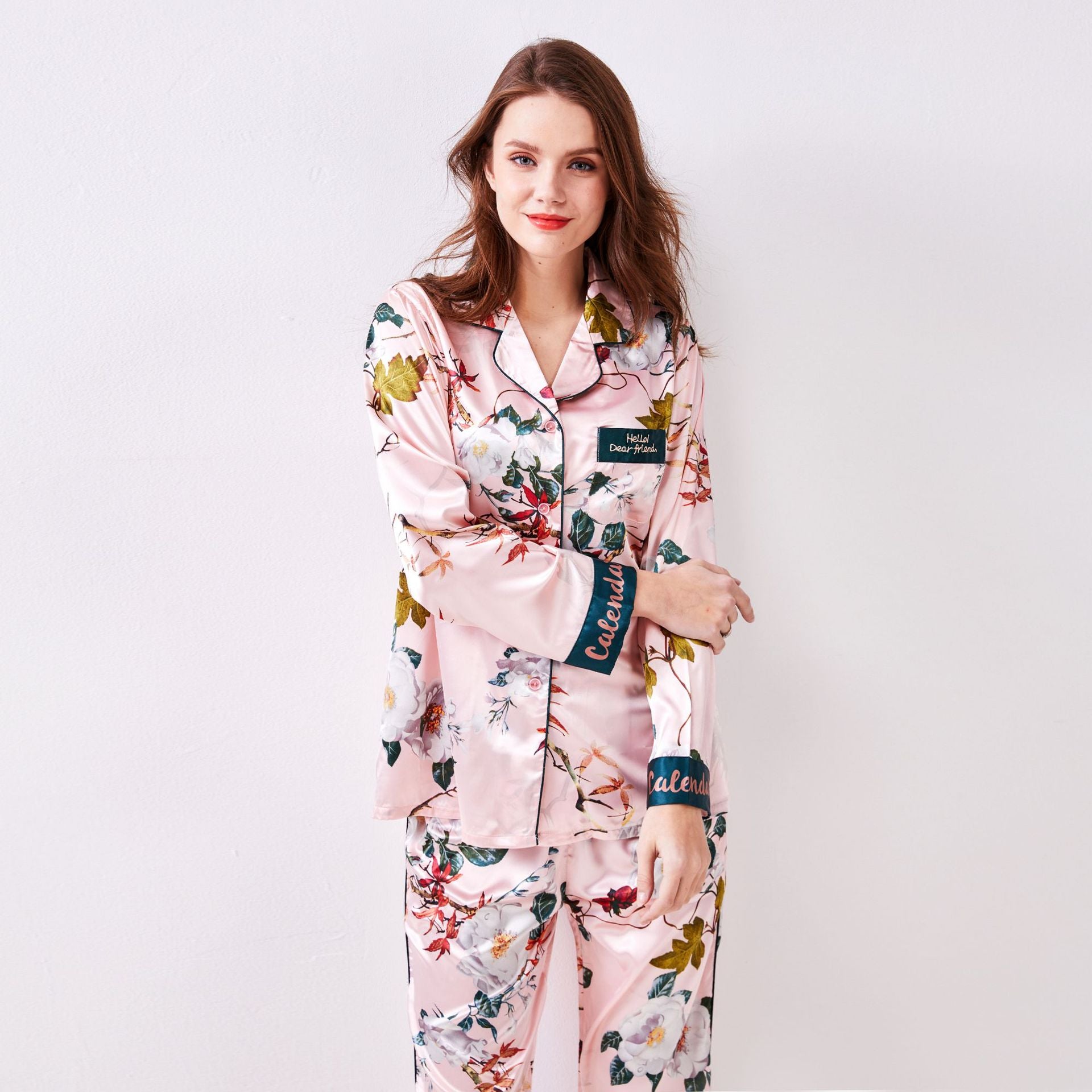 Spring and Autumn Silk Long Sleeve Pajamas Women Korean Casual Simulated Silk Pajamas Two-piece Set Thin Homewear Set
