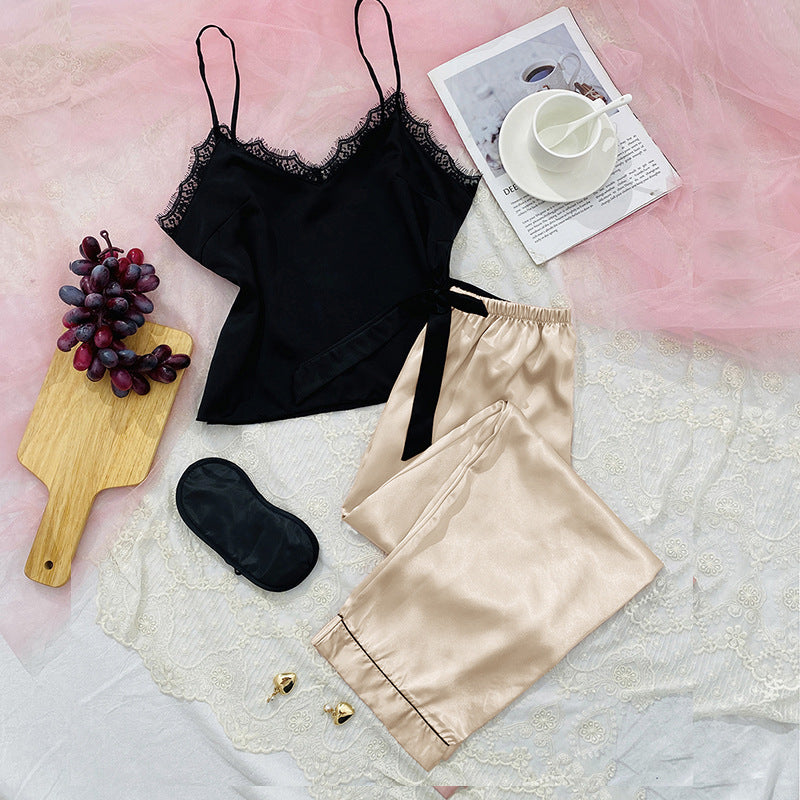 Women's sexy sleeveless home pajamas, lace suspenders, trousers, home clothes,  silk light and breathable nightdress