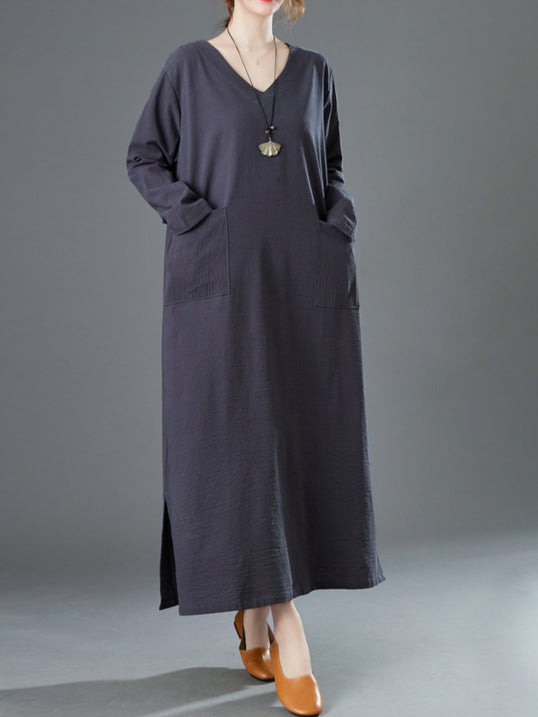 Ladies spring new retro cotton and linen V-neck plus fat to increase  long-sleeved dress robe