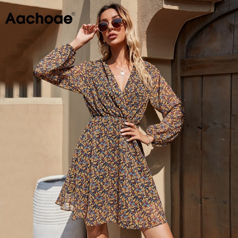 Aachoae Women Beach Style Summer Mini Dresses Boho V Neck Floral Print Chiffon Dress Ladies A Line Long Sleeve Vintage Dress