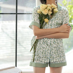 Summer leopard print silky short-sleeved shorts 2 home clothes thin  silk suit