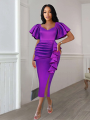 AOMEI Evening Bodycon Dress Women Purple Pleated Peplum Ruffled Robes V Neck Short Sleeve Side Slit Slim Fit Chic Maxi Vestidos