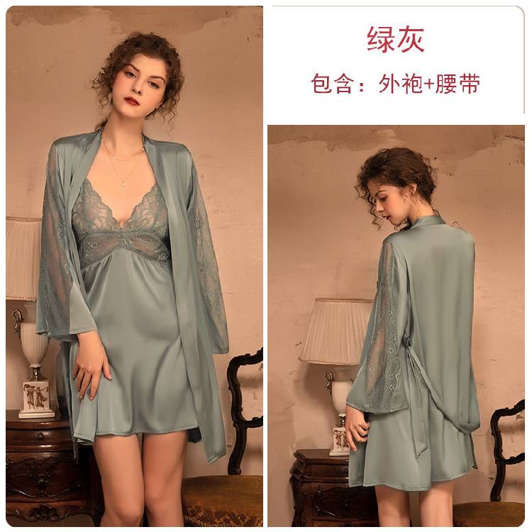 Rose  spring and summer female Europe and the United States new pajamas satin long-sleeved tape nightgown bathrobe home clothing 780