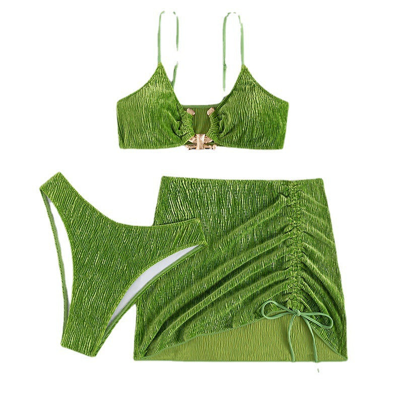 New cross-border European and American wrinkled cloth special fabric bikini split three-piece swimsuit swimsuit women