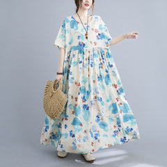 Oversized women's 2023 summer new style literary fat MM fattening enlarged  and thin printed short-sleeved dress