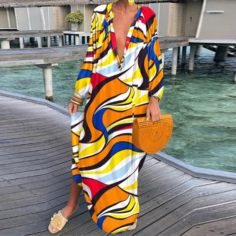 جنوب شرق آسيا بالإضافة إلى حجم اللباس الجديد البوهيمي تنورة طويلة الأكمام زر فضفاض كبير V الملابس النسائية 