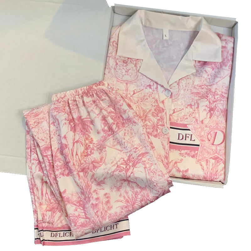 Spring and autumn pajamas women's ice silk lapel cardigan long-sleeved trousers sweet and cute girl home service suit