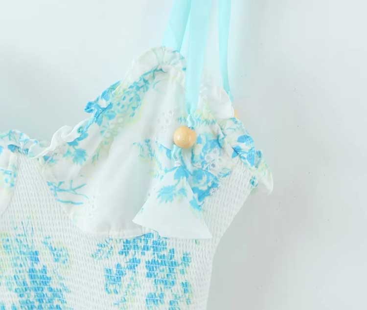 فستان حفلات بأشرطة زهور زرقاء مستوحاة من بوهو، فستان صيفي مطرز بفيونكة وأكتاف مربوطة، فستان قصير أنيق للسيدات 