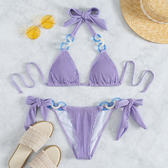 European and American triangle bag side lace jewelry sexy backless solid color halter beach bikini