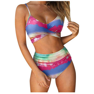 High Waist Bikini Fold Over Plus Size Swimsuit 2023 Push Up Swimsuit Tie Dye Printed Swimsuit Women's Strap Bikini Set Beach