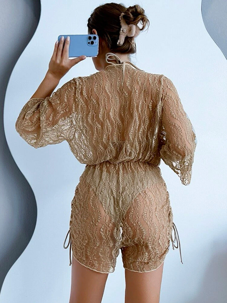 Mesh three-piece swimsuit solid color drawstring corset sunscreen beach vacation swimsuit female bikini