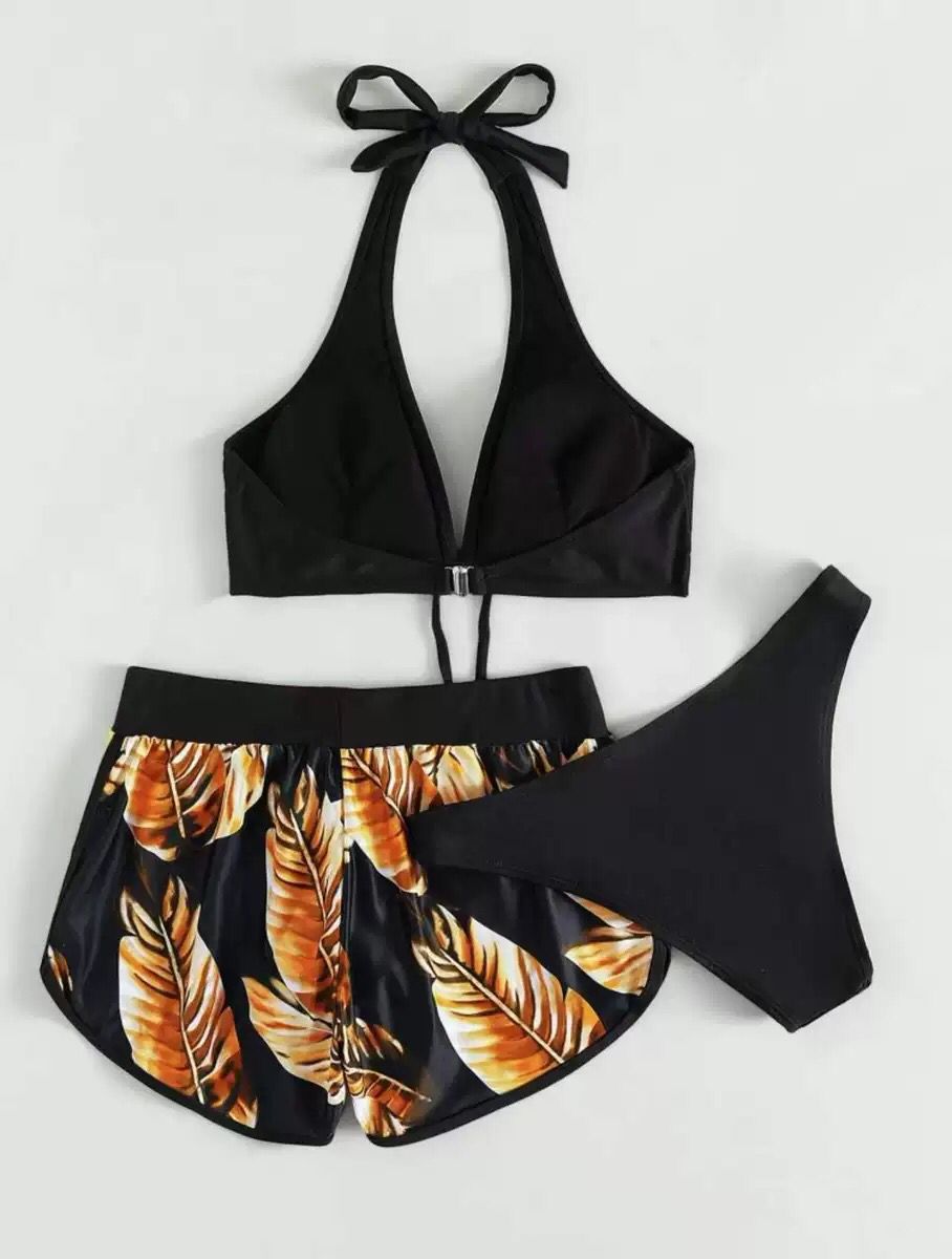 Three-piece bikini gathered halter neck leaf print sports fashion foreign trade swimsuit