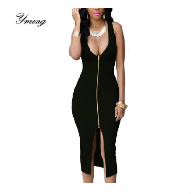 YMING Summer Women Dress Long Front Zipper Party Dresses Beach White Black Sundress Vestidos Bodycon Midi Club Dress