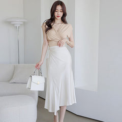 Vintage Short Sleeve Bodycon Tops Sexy Women OL Asymmetrical High Waist Midi Skirt Casual V-Neck Criss-Cross Blouse 2 Pieces Set