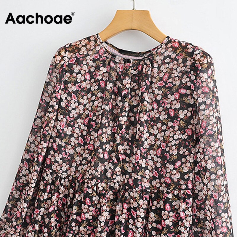 Aachoae Boho Style Floral Print Pleated Dress Long Sleeve Women Mini Dress O Neck Loose Ladies Dresses Beach Sundress Ropa Mujer