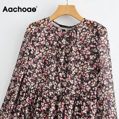 Aachoae Boho Style Floral Print Pleated Dress Long Sleeve Women Mini Dress O Neck Loose Ladies Dresses Beach Sundress Ropa Mujer