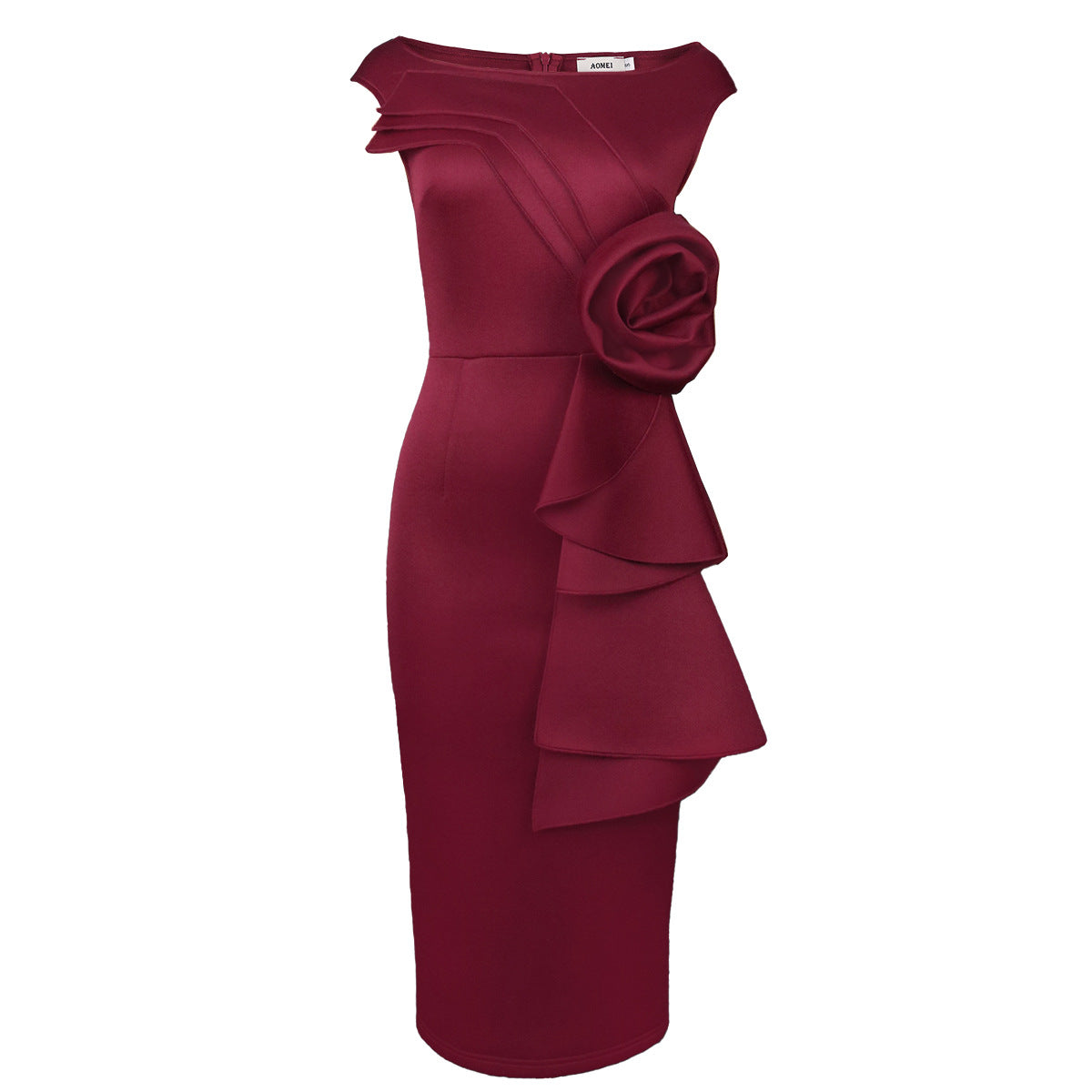 AOMEI Party Evening Dress Women Burgundy Midi O Neck Sleeveless Flower Ruffles High Waist Bodycon Wedding Cocktail Event Gowns