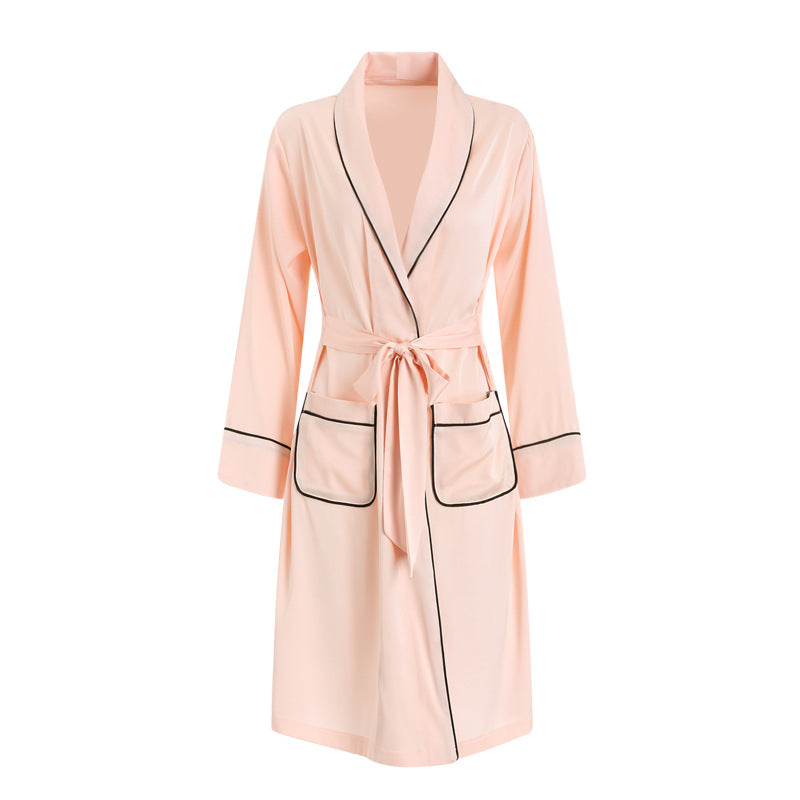 European and American spring and summer home clothes sexy deep V  silk private room medium length robe bathrobe suit (robe + belt)