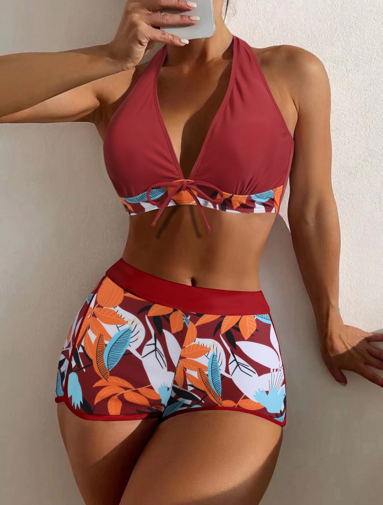 New European and American foreign trade swimsuit female split high waist boxer tie printing solid color stitching net red swimwear