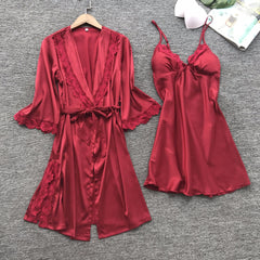Sexy Ladies Pajamas Lace Temptation Sling Nightdress + Long Sleeve Bathrobe Bathrobe Home Service Set