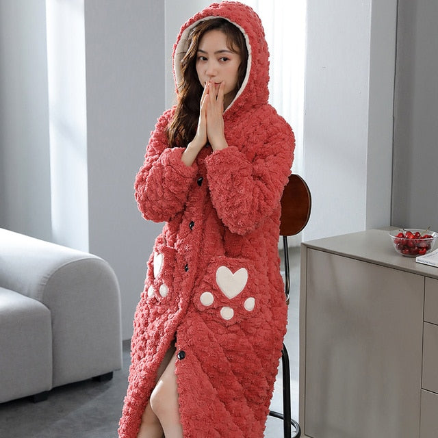 Women's bathrobe winter thickened flannel nightgown women's winter thickened pajamas cotton casual long robe set home service