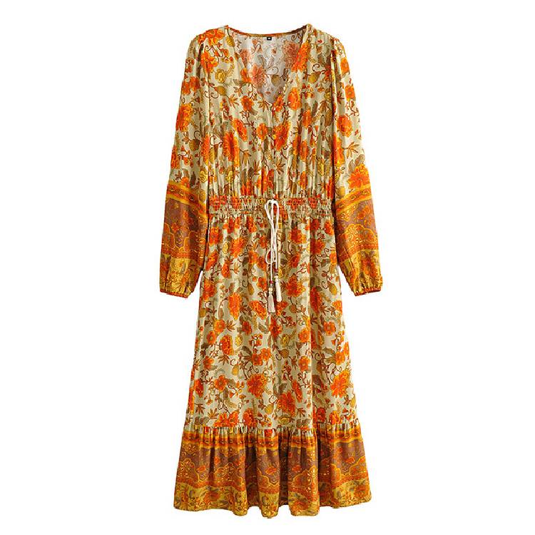 فستان طويل الأكمام للسيدات من هابي كوينز وربطة عنق وشرابة عرقية مطبوعة بالزهور للشاطئ البوهيمي فستان طويل للسيدات رايون بوهو فستان فيستدوس 