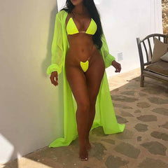 New European and American solid color women's two-piece bikini + long-sleeved sunscreen blouse three-piece swimsuit suit