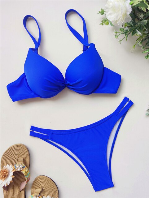 2021 New Sexy V-Bar Underwired Bikinis Swimsuit Women's Solid Swimwear Push Up  Set Summer Beach Female Swim Bathing Suits