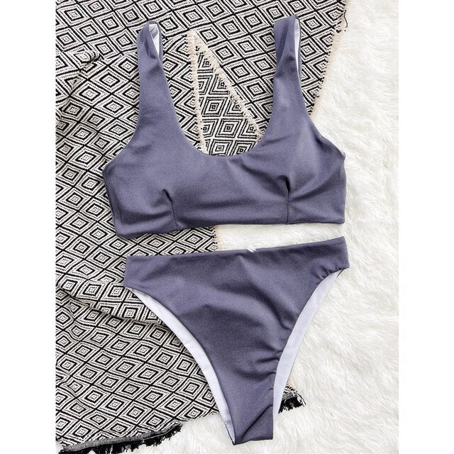 New Grey Bikinis Swimsuits Women's Two Piece Swimwear 2022 Summer Beach Swimming  Sets Push Up Female Sports Bathing Suits