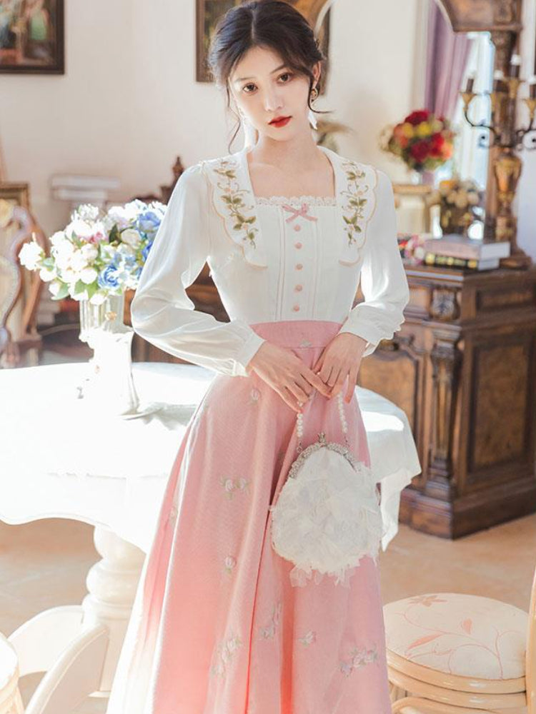 Retro  Dress Women Stitching Pink Elegant Midi Dress Women Korean Fashion One Piece Casual Dress