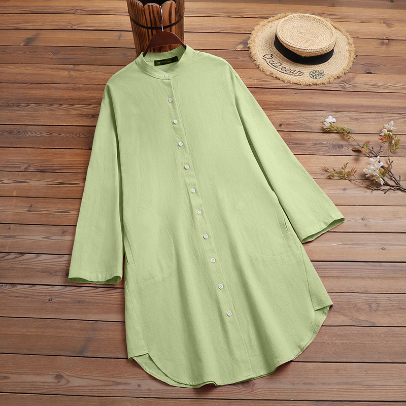 Women Solid Long Tops White Lapel Blusas Fashion Cotton Linen Blouse OL Tunic ZANZEA Casual Baggy Shirts