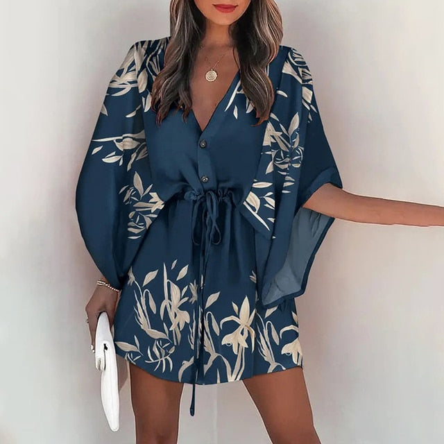 Fashion Batwing Sleeve Print Lace Up Mini Dress for Women Sexy V-Neck Casual Loose Boho Holiday Short Dresses Woman 2022 Summer