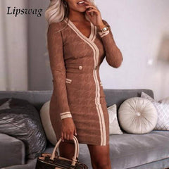 Women Elegant V Neck Bodycon Mini Dress 2022 New Autumn Spring Office Lady Fashion Pattern Button Splicing Dress Mujers Vestidos
