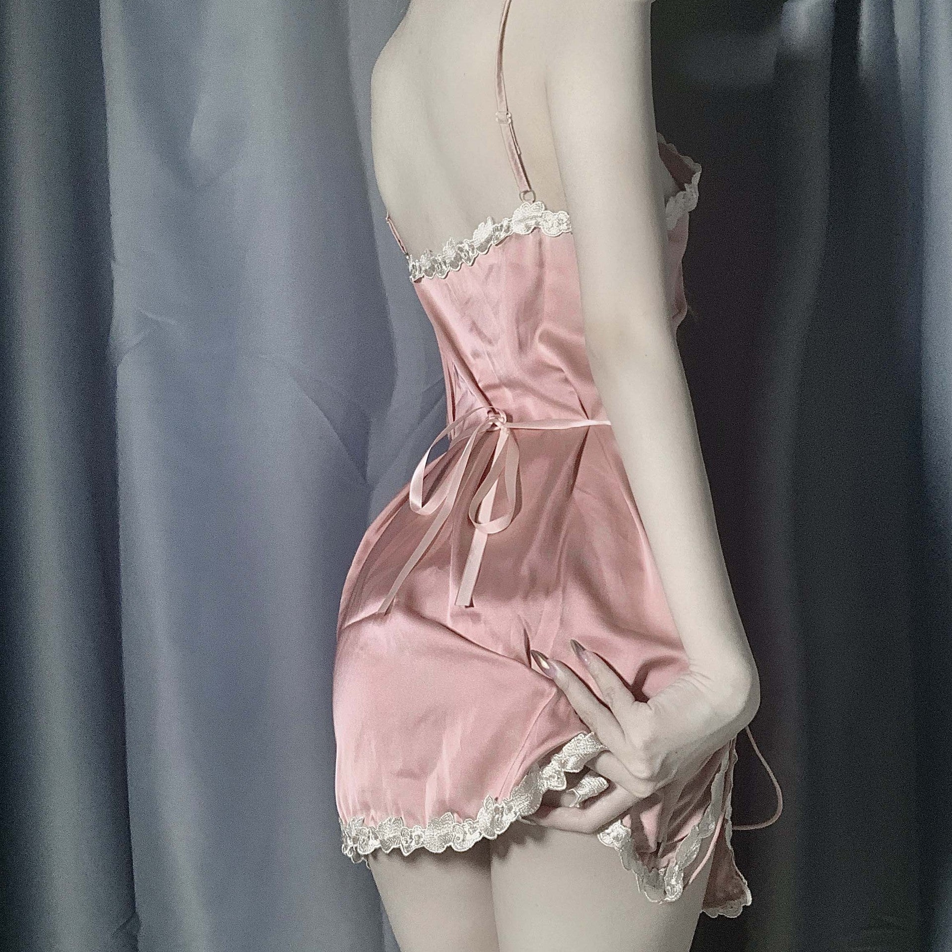 Ladies Fashion Lace Stitching Simulated Silk Homewear Nightdress J2JX1014YML