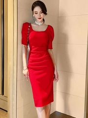 French Style Vintage Square Collar Puff Sleeve Midi Party Dress Ladies OL Elegant Streetwear Backless Female Bodycon Split Dress