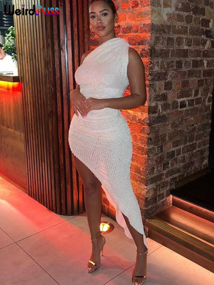 Weird Puss Solid Irregular Dress Sleeveless Summer Chic Trend Sexy Elegant Patchwork Skinny Elastic Peach Hip Bodycon Streetwear