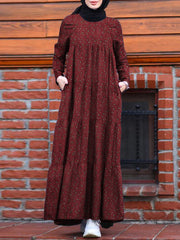 ZANZEA Women's Muslim Arabian Floral Printed Dress Simple Temperament Round Neck Long Sleeve Back  Side Pockets  Casual Dress Large Size Without Headscarf