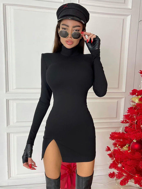 Women Spring Autumn Long Sleeve Bodycon Soild Color Black Slim Package Hip Mini Dress 2023 Female Clothing Streetwear