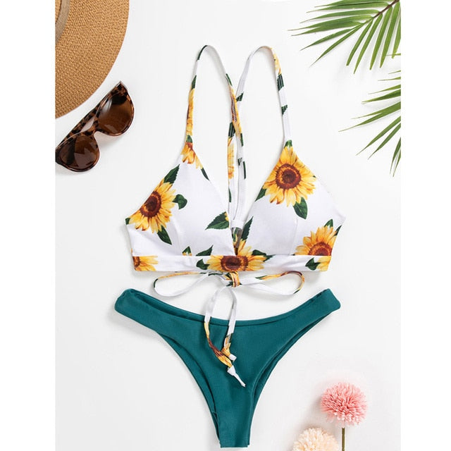 Sunflower Printed Bikini Set Sexy Swimwear Women Mujer Push Up Padded Biquini Bathers Bandage Bathing Suit Swimsuit Bikini