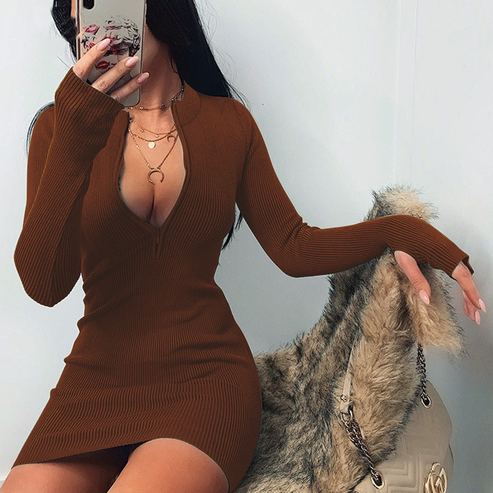 Women Winter Fall Bodycon Ribbed Dress New Stand Collar Zipper Deep V-neck Solid Stretch Bodycon Pencil Party Mini