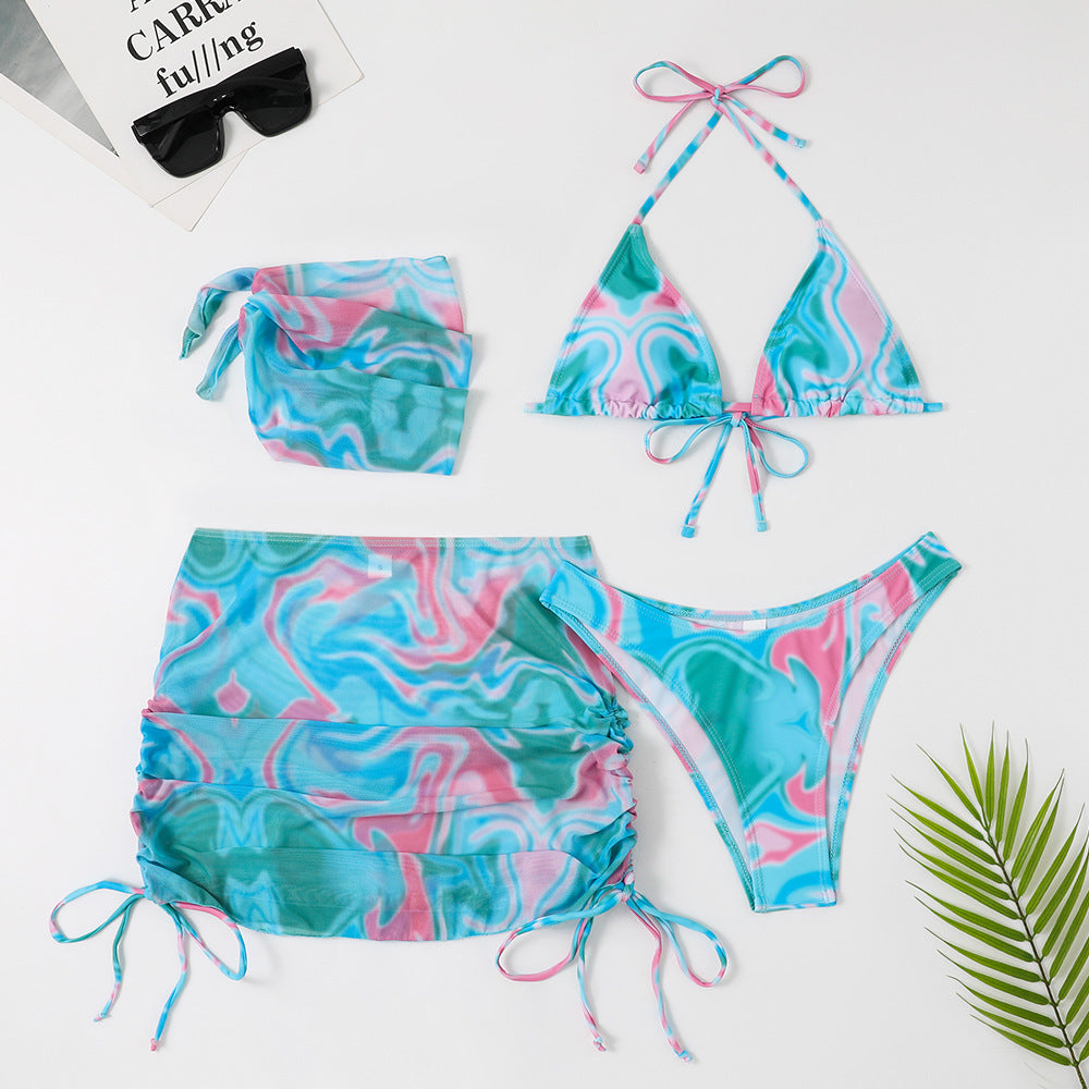 التجارة الخارجية الأوروبية والأمريكية ملابس السباحة النسائية انقسام أربع قطع تنورة التعادل صبغ الإضافية بيكيني ملابس السباحة