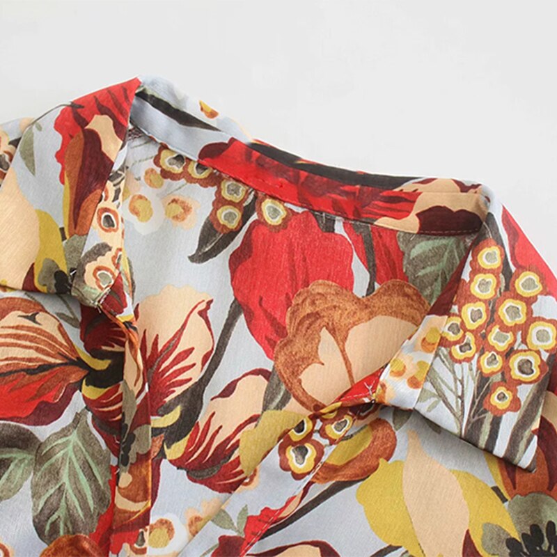 فساتين متوسطة الطول بطبعة زهور على طراز بوهو وياقة مقلوبة وأكمام طويلة فساتين نسائية غير رسمية فضفاضة على شكل حرف A فساتين فيستيدوس 