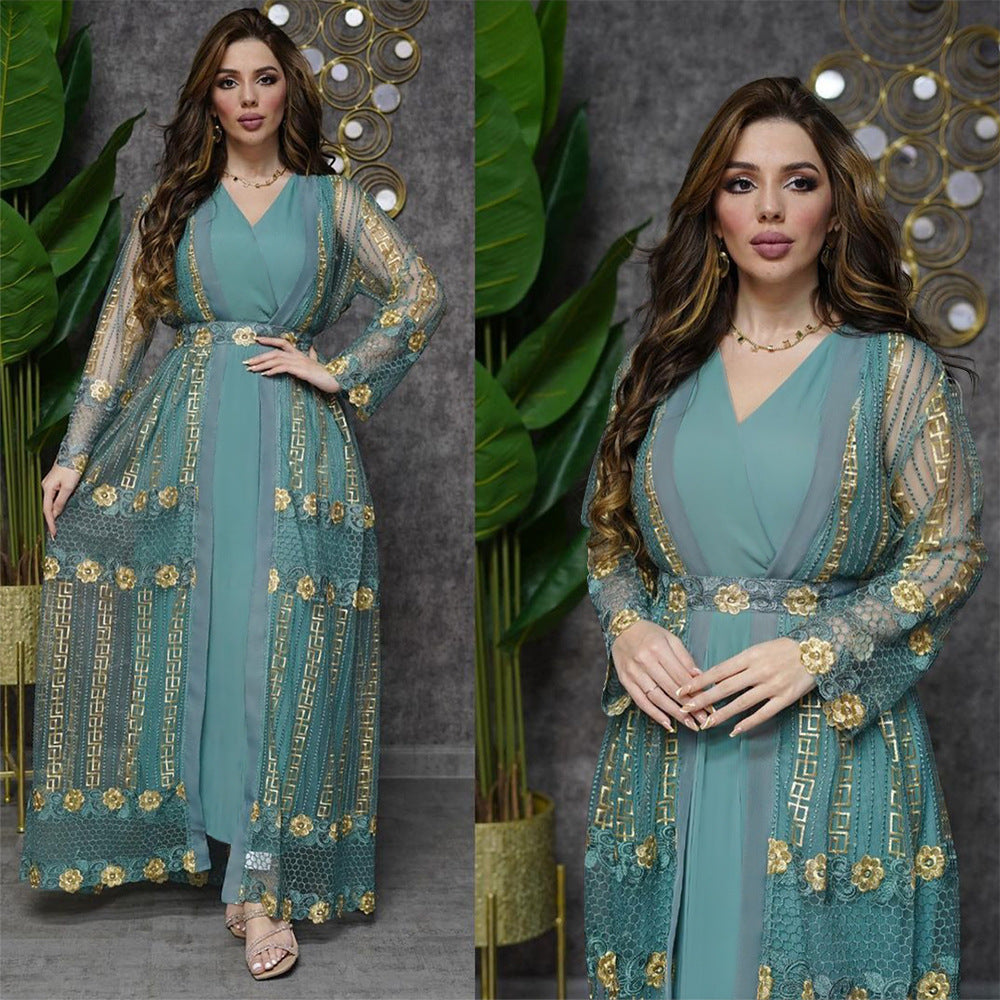 New Summer Middle East Embroidered Mesh Coat and Chiffon Sundress Dress Suit Arab Ladies Kaftan Dress Two-piece Set