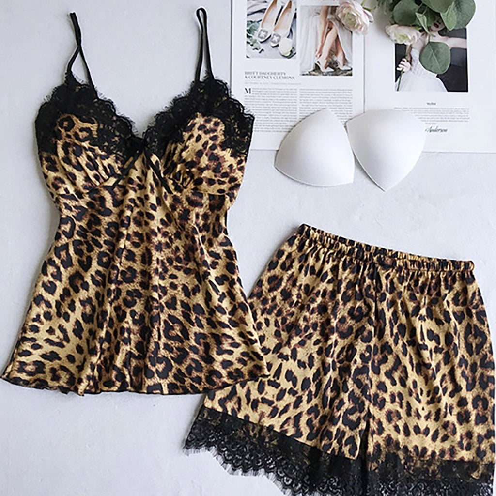 Leopard Print Sexy Women's Pajamas Set Satin Pajamas Pajamas Silk Homewear  Pajamas Pajamas Pajamas Underwear