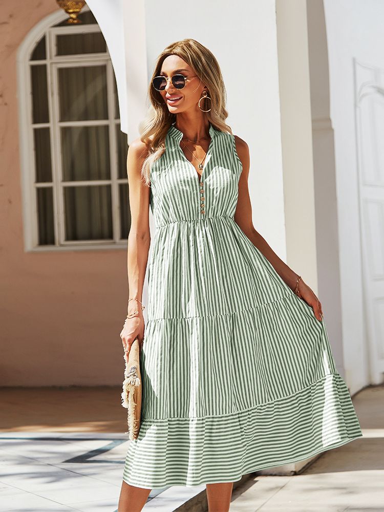 السيدات خمر بوهو فستان صيفي المرأة بلا أكمام عطلة عادية مخطط قميص فستان المرأة فستان الشمس وتتسابق رداء الإناث 