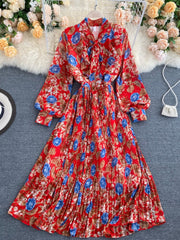 فستان بوهو نسائي عتيق للربيع والخريف بأكمام طويلة مزين بفيونكة فستان نسائي أنيق بطبعة زهور رداء بدون أكمام 