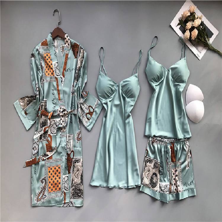 Spring and Autumn Pajamas Women Chest Pad Nightgown Strap Silk Nightdress 4 Pcs Set Tops Long Sleeve Pijama Mujer Sexy Lingerie